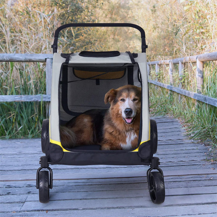 Spacious collapsible 4-wheeler dog stroller for large breeds, featuring breathable mesh and durable all-terrain wheels.