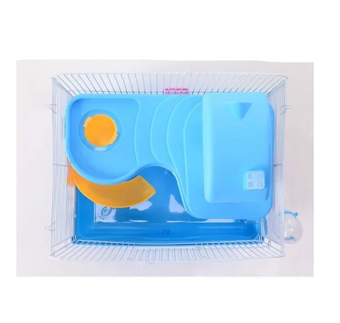 "Spacious hamster cage with shelves and drinking bottle, ideal for small rodents. Compact design with vibrant color options."