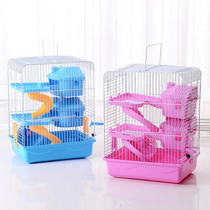 "Spacious hamster cage with shelves and drinking bottle, ideal for small rodents. Compact design with vibrant color options."