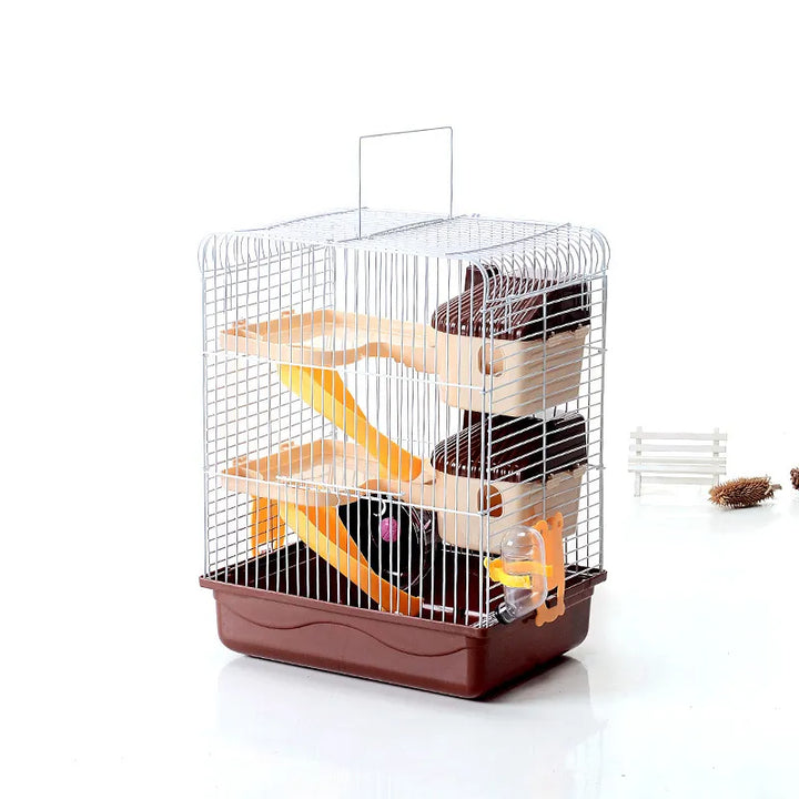 "Spacious hamster cage with shelves and drinking bottle, ideal for small rodents. Compact design with vibrant color options."