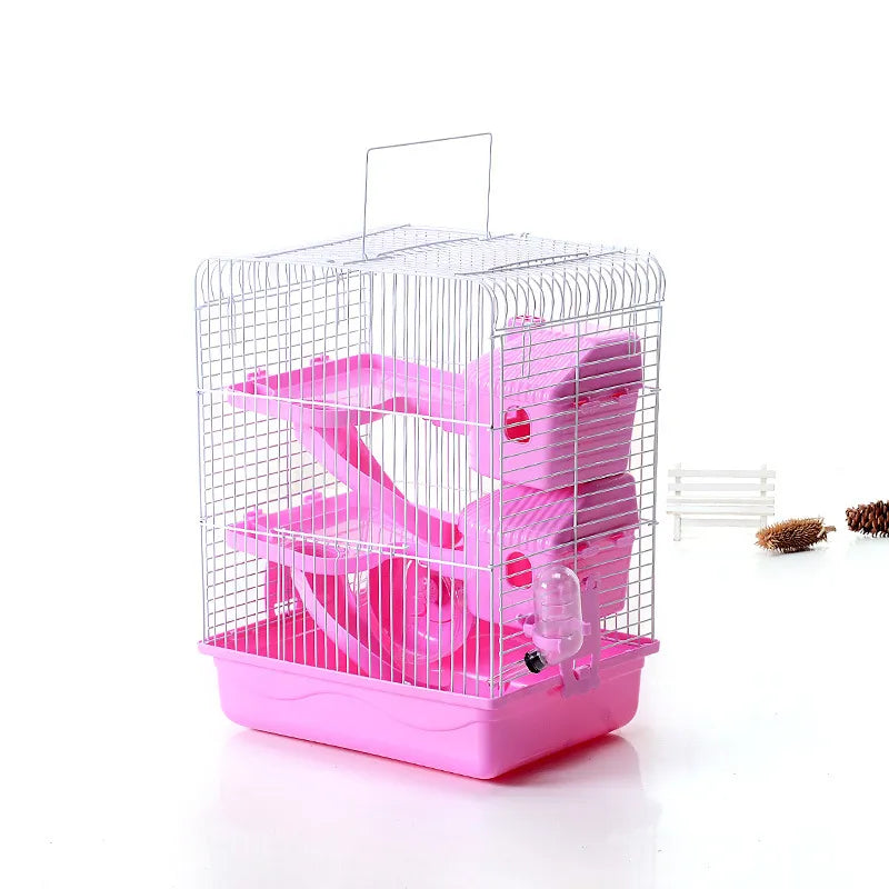 "Spacious hamster cage with shelves and drinking bottle, ideal for small rodents. Compact design with vibrant color options."