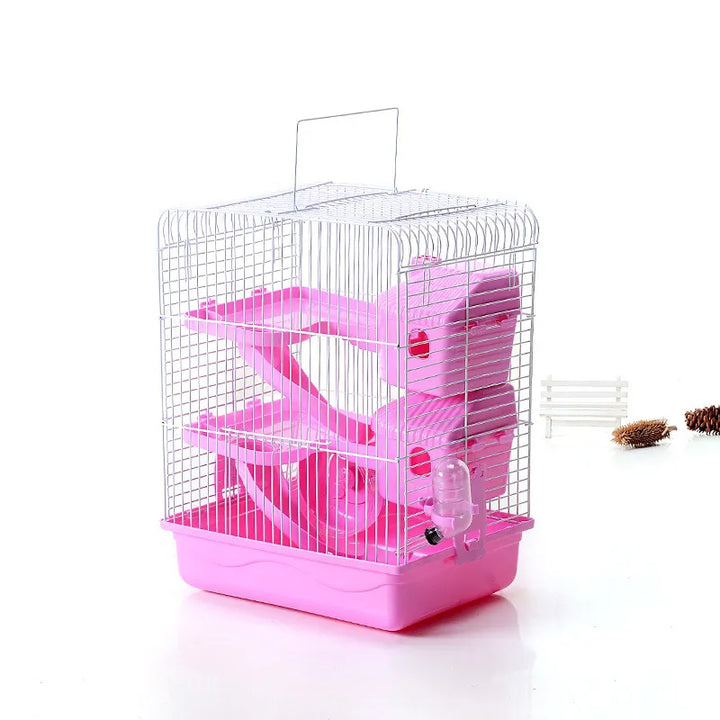 "Spacious hamster cage with shelves and drinking bottle, ideal for small rodents. Compact design with vibrant color options."