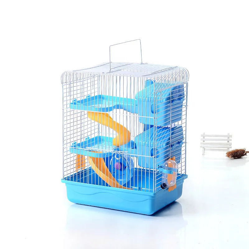"Spacious hamster cage with shelves and drinking bottle, ideal for small rodents. Compact design with vibrant color options."
