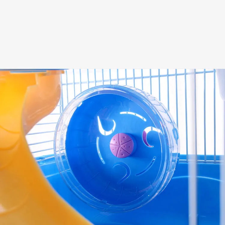 "Spacious hamster cage with shelves and drinking bottle, ideal for small rodents. Compact design with vibrant color options."
