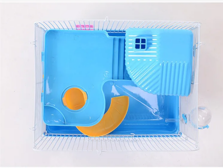 "Spacious hamster cage with shelves and drinking bottle, ideal for small rodents. Compact design with vibrant color options."