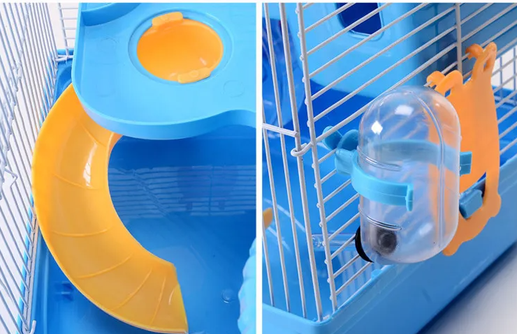 "Spacious hamster cage with shelves and drinking bottle, ideal for small rodents. Compact design with vibrant color options."