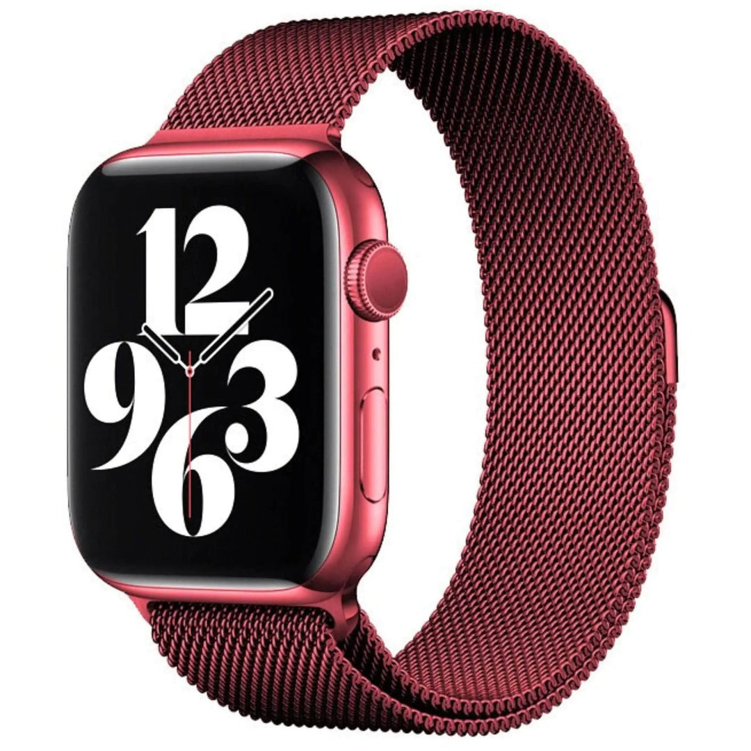Stainless mesh band for Apple Watch; sleek, magnetic closure, Milan-inspired design, adjustable for men and women.