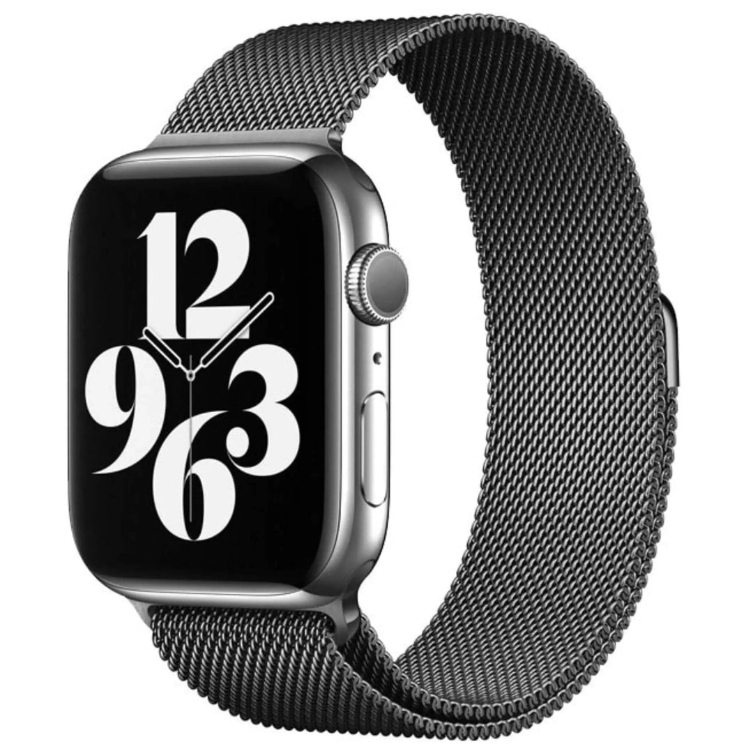 Stainless mesh band for Apple Watch; sleek, magnetic closure, Milan-inspired design, adjustable for men and women.