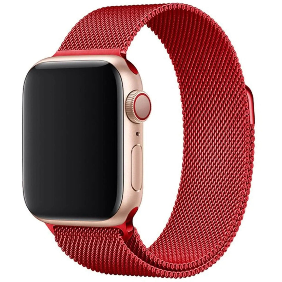 Stainless mesh band for Apple Watch; sleek, magnetic closure, Milan-inspired design, adjustable for men and women.