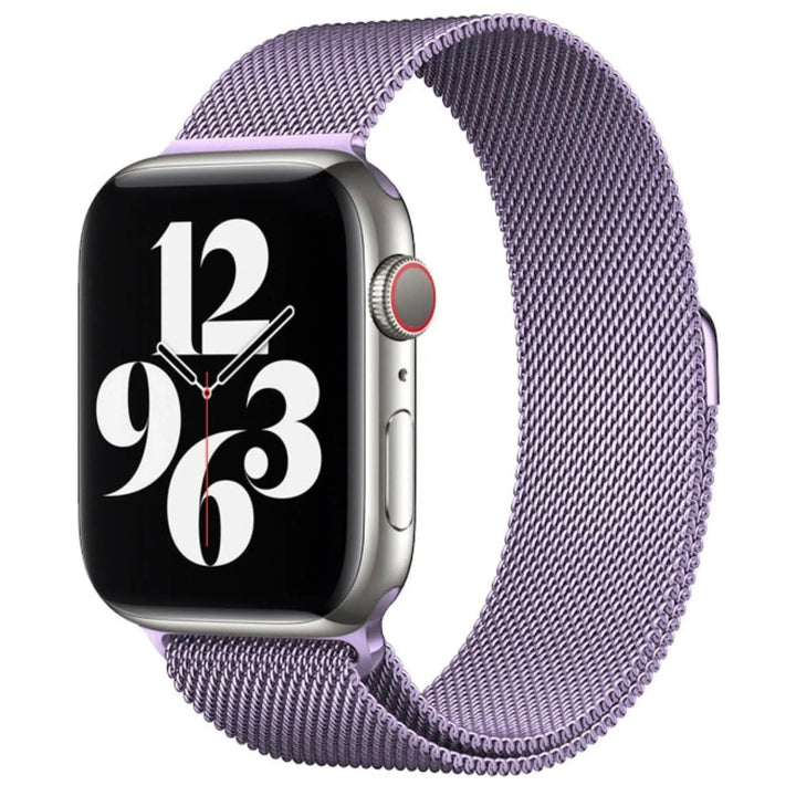 Stainless mesh band for Apple Watch; sleek, magnetic closure, Milan-inspired design, adjustable for men and women.