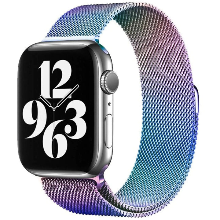 Stainless mesh band for Apple Watch; sleek, magnetic closure, Milan-inspired design, adjustable for men and women.