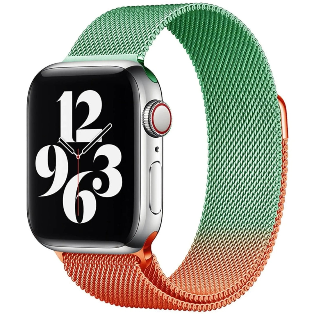 Stainless mesh band for Apple Watch; sleek, magnetic closure, Milan-inspired design, adjustable for men and women.
