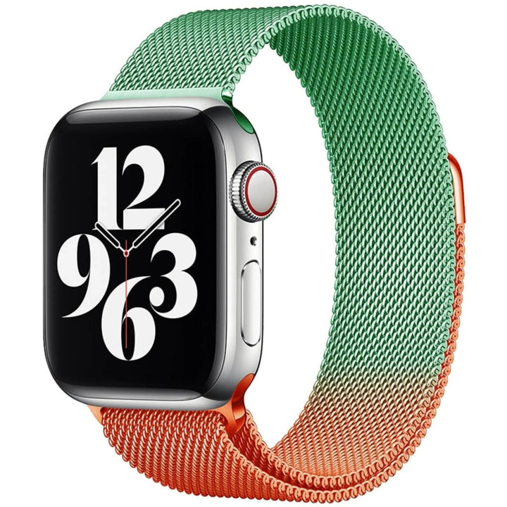 Stainless mesh band for Apple Watch; sleek, magnetic closure, Milan-inspired design, adjustable for men and women.