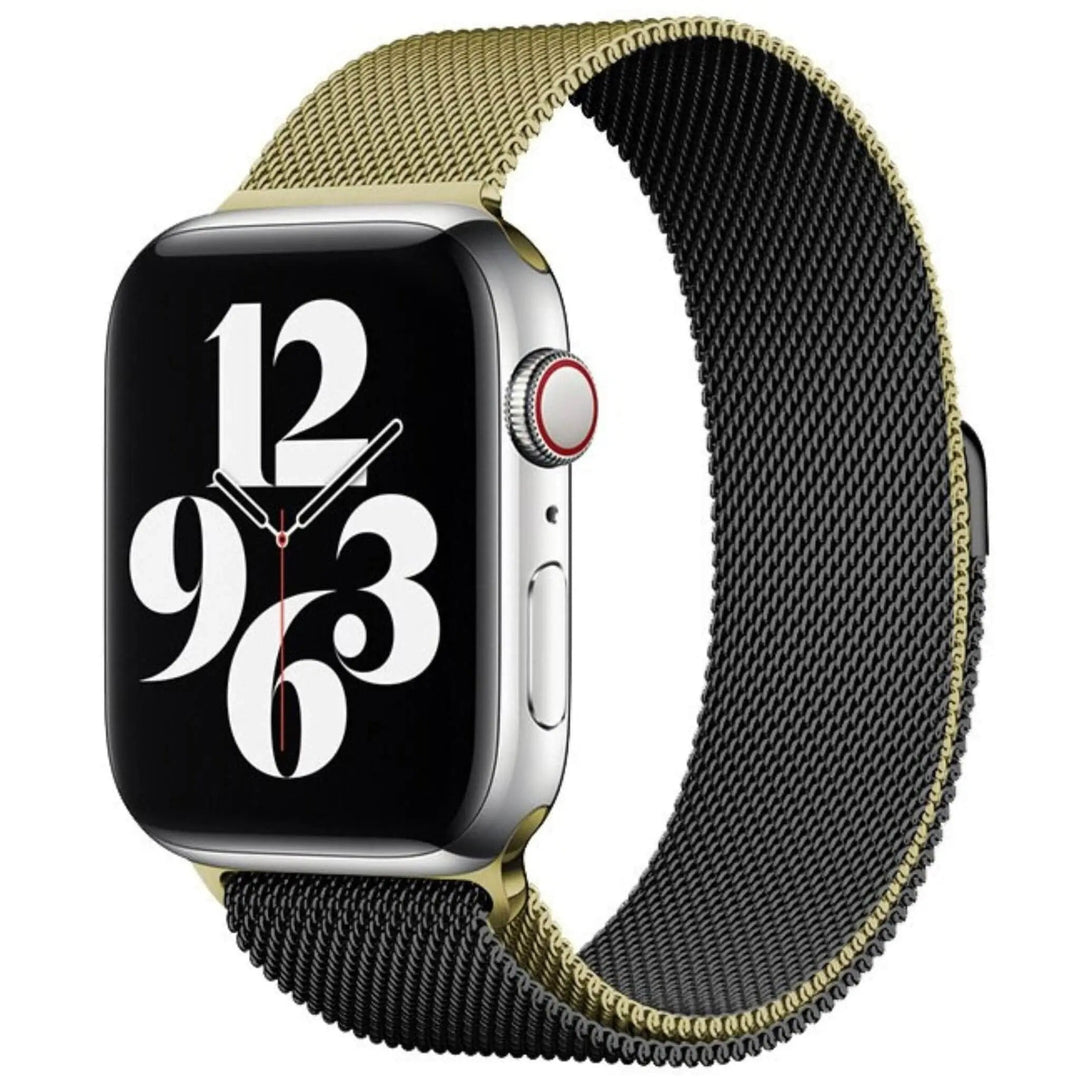 Stainless mesh band for Apple Watch; sleek, magnetic closure, Milan-inspired design, adjustable for men and women.