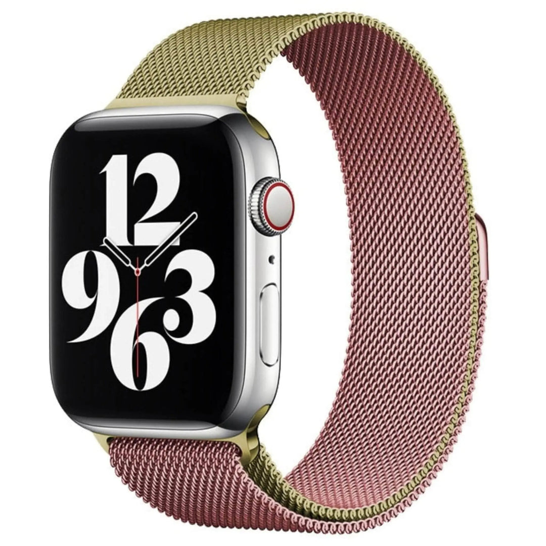 Stainless mesh band for Apple Watch; sleek, magnetic closure, Milan-inspired design, adjustable for men and women.
