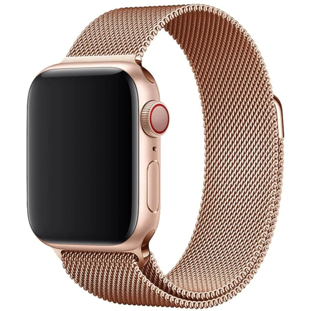 Stainless mesh band for Apple Watch; sleek, magnetic closure, Milan-inspired design, adjustable for men and women.