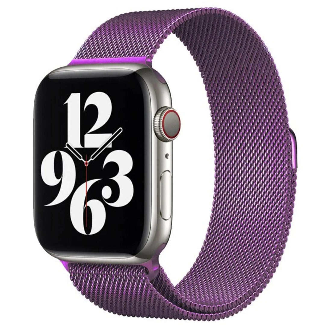 Stainless mesh band for Apple Watch; sleek, magnetic closure, Milan-inspired design, adjustable for men and women.