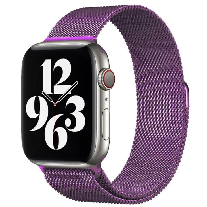 Stainless mesh band for Apple Watch; sleek, magnetic closure, Milan-inspired design, adjustable for men and women.