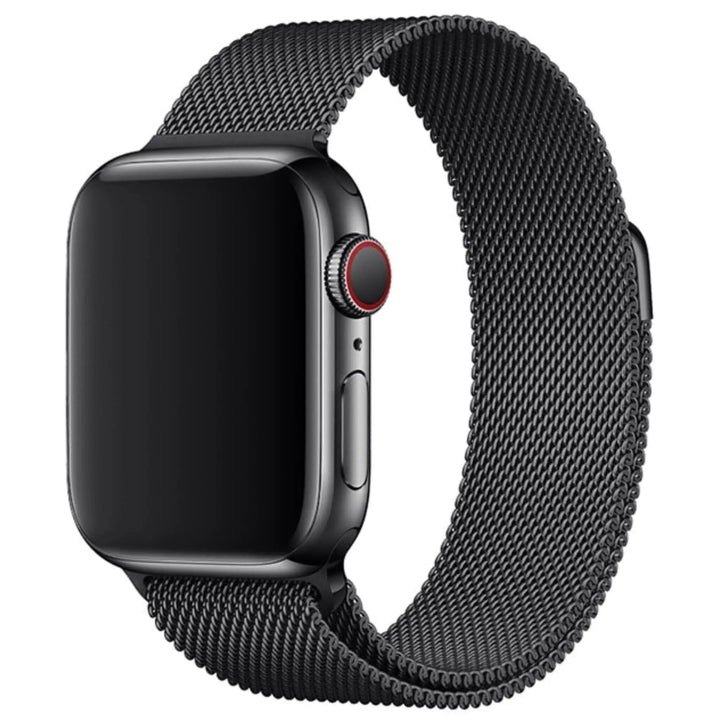Stainless mesh band for Apple Watch; sleek, magnetic closure, Milan-inspired design, adjustable for men and women.