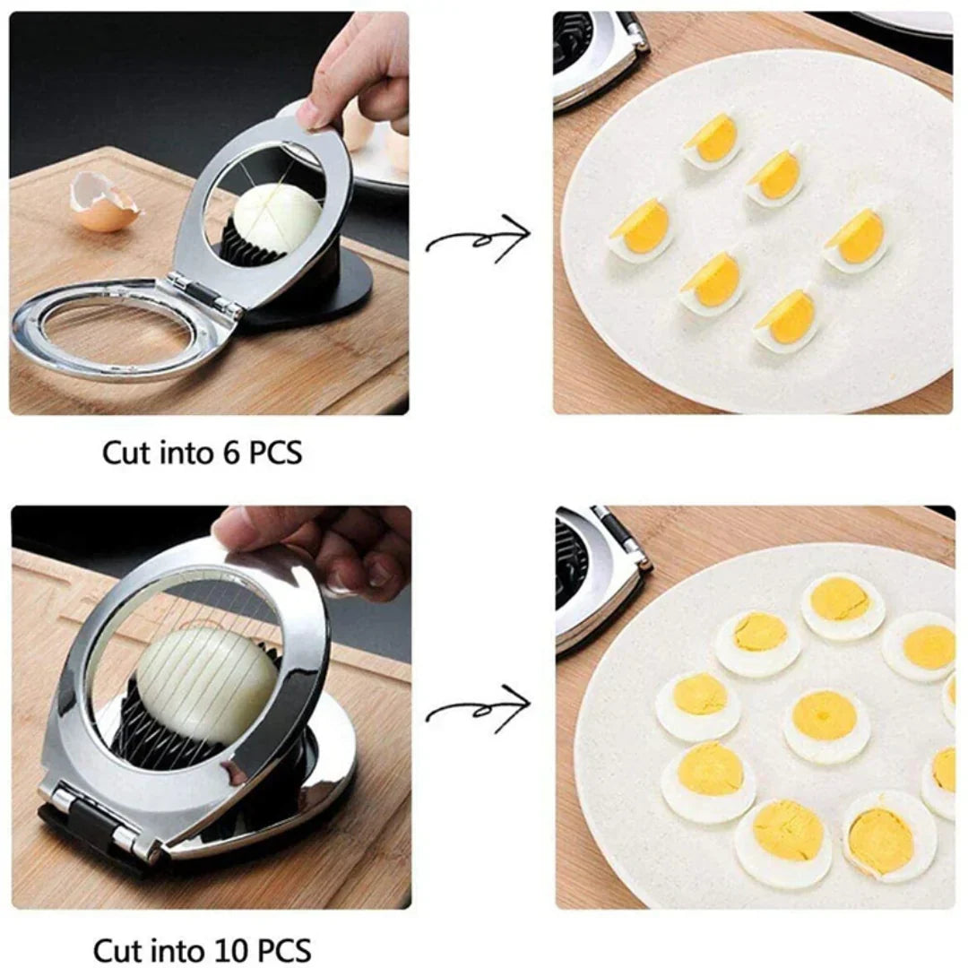 Stainless Steel 3-in-1 Egg Slicer with durable wires, ergonomic design; slices eggs, mushrooms, fruits easily for top present
