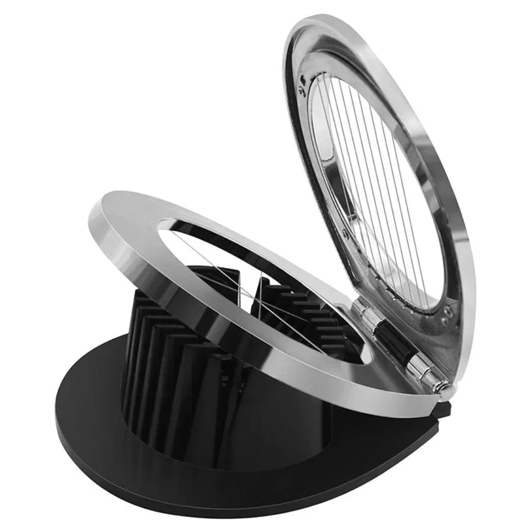 Stainless Steel 3-in-1 Egg Slicer with durable wires, ergonomic design; slices eggs, mushrooms, fruits easily for top present
