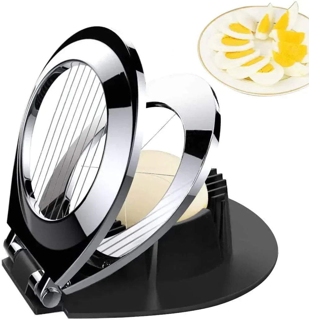 Stainless Steel 3-in-1 Egg Slicer with durable wires, ergonomic design; slices eggs, mushrooms, fruits easily for top present