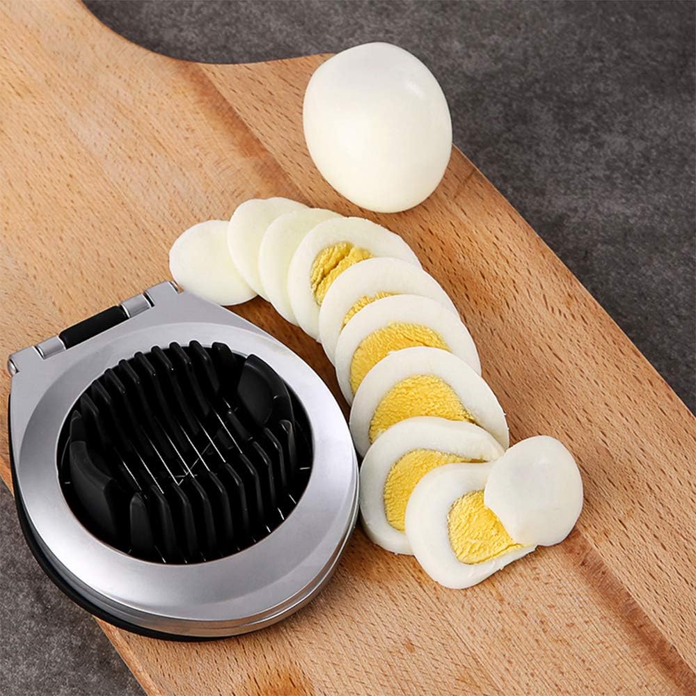 Stainless Steel 3-in-1 Egg Slicer with durable wires, ergonomic design; slices eggs, mushrooms, fruits easily for top present