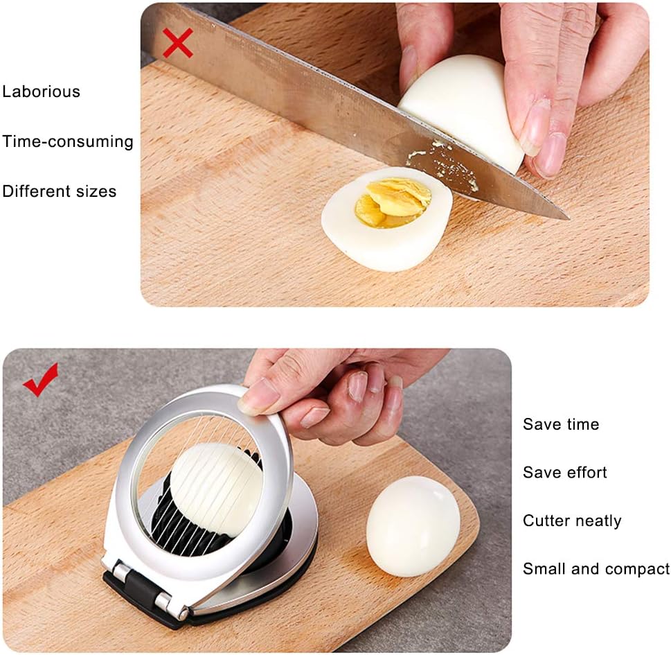 Stainless Steel 3-in-1 Egg Slicer with durable wires, ergonomic design; slices eggs, mushrooms, fruits easily for top present