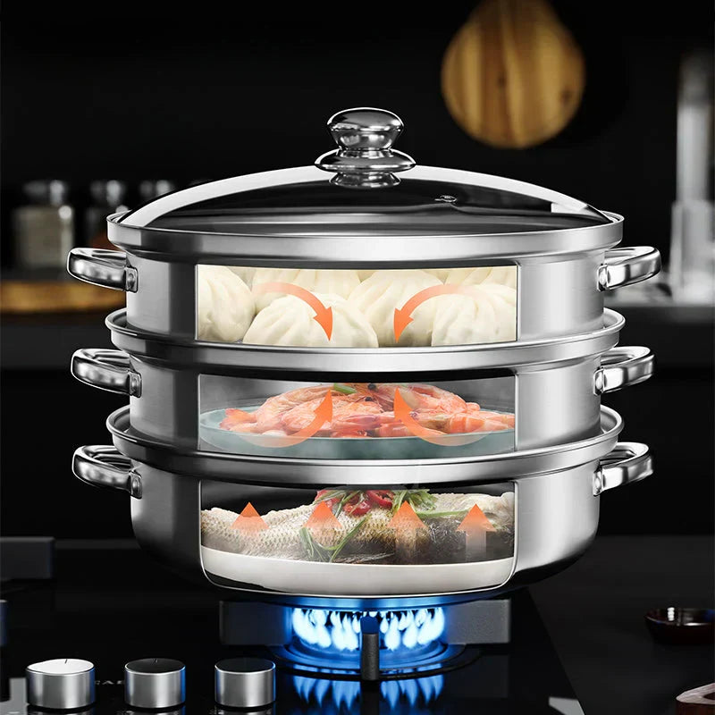 "Stainless steel 3-tier steamer with glass lid and handles, ideal for healthy cooking, steaming vegetables, fish, and dumplin