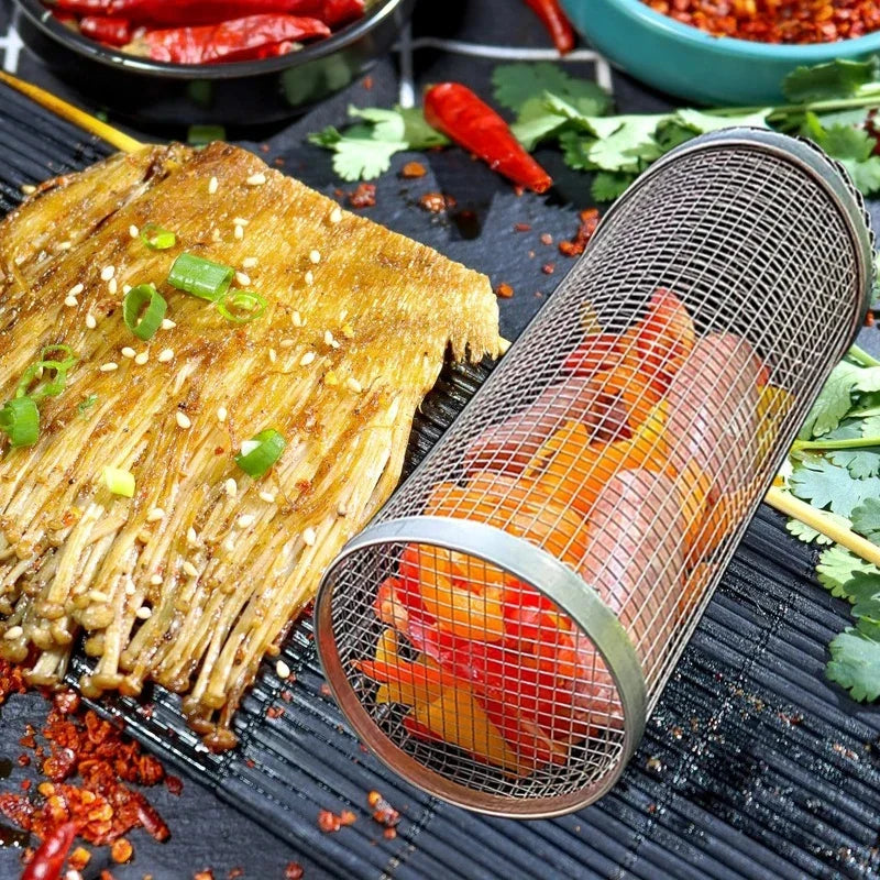 "Stainless steel BBQ rolling basket with mesh design for even grilling, shown with food; essential for outdoor cooking."