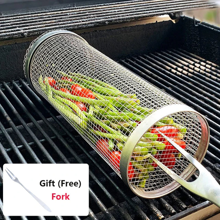 "Stainless steel BBQ rolling basket with mesh design for even grilling, shown with food; essential for outdoor cooking."