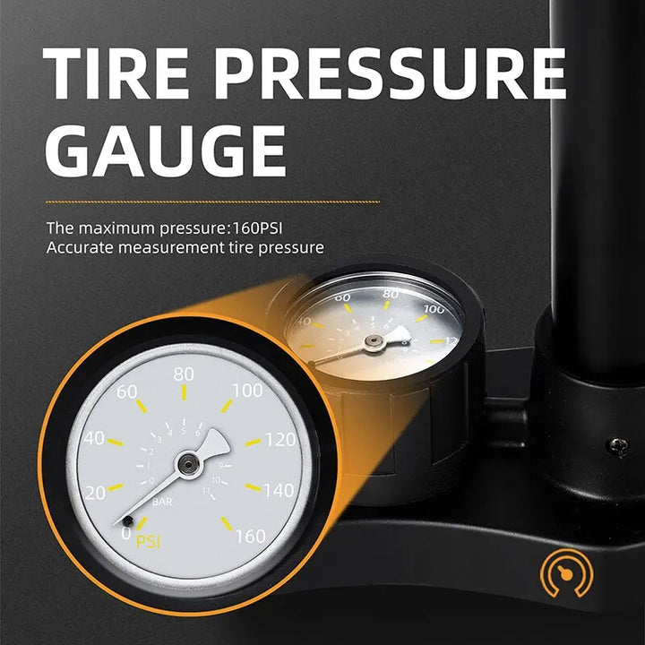 "Stainless steel bicycle pump with built-in pressure gauge and handle, suitable for Schrader and Presta valves."