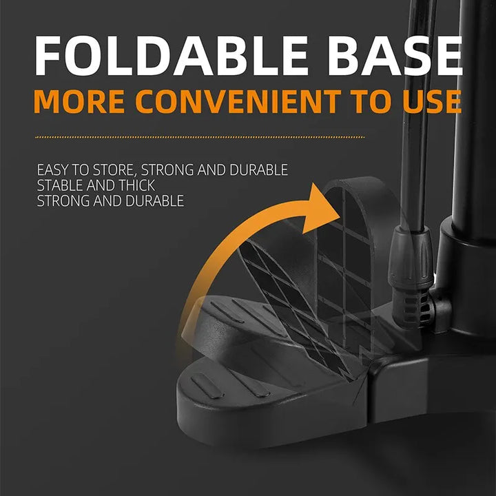 "Stainless steel bicycle pump with built-in pressure gauge and handle, suitable for Schrader and Presta valves."