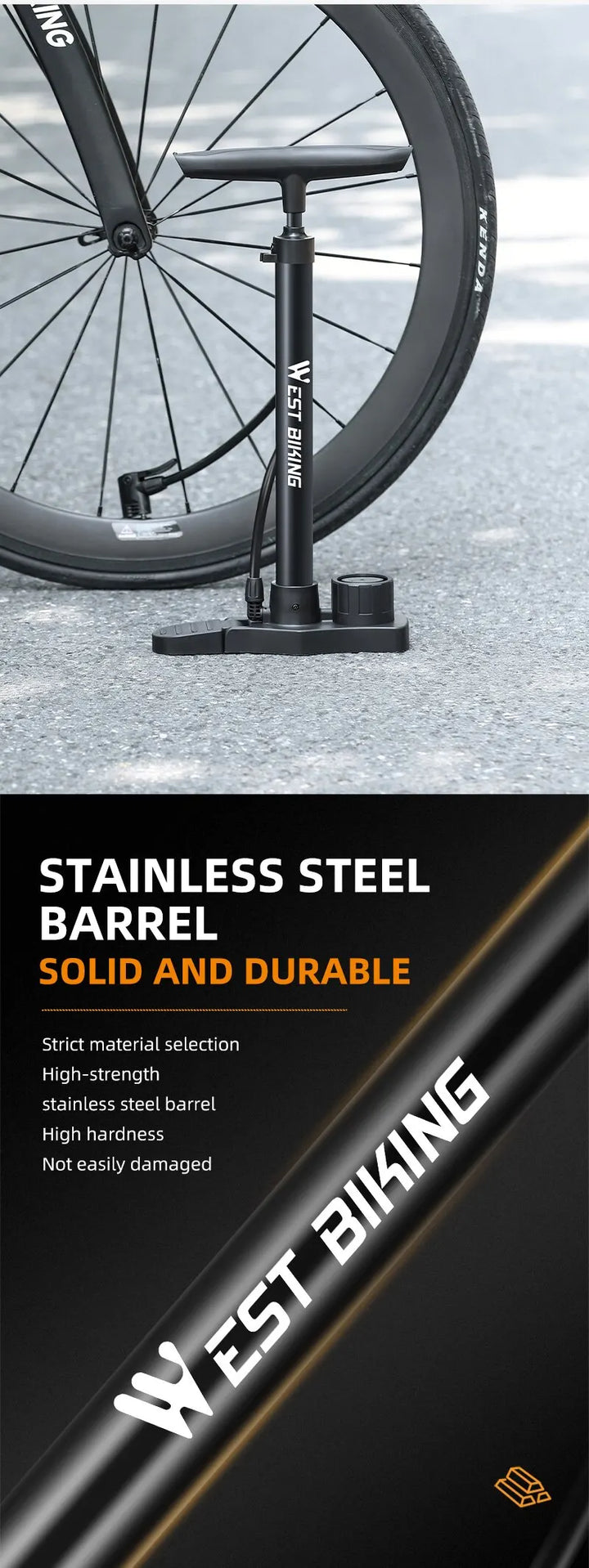 "Stainless steel bicycle pump with built-in pressure gauge and handle, suitable for Schrader and Presta valves."