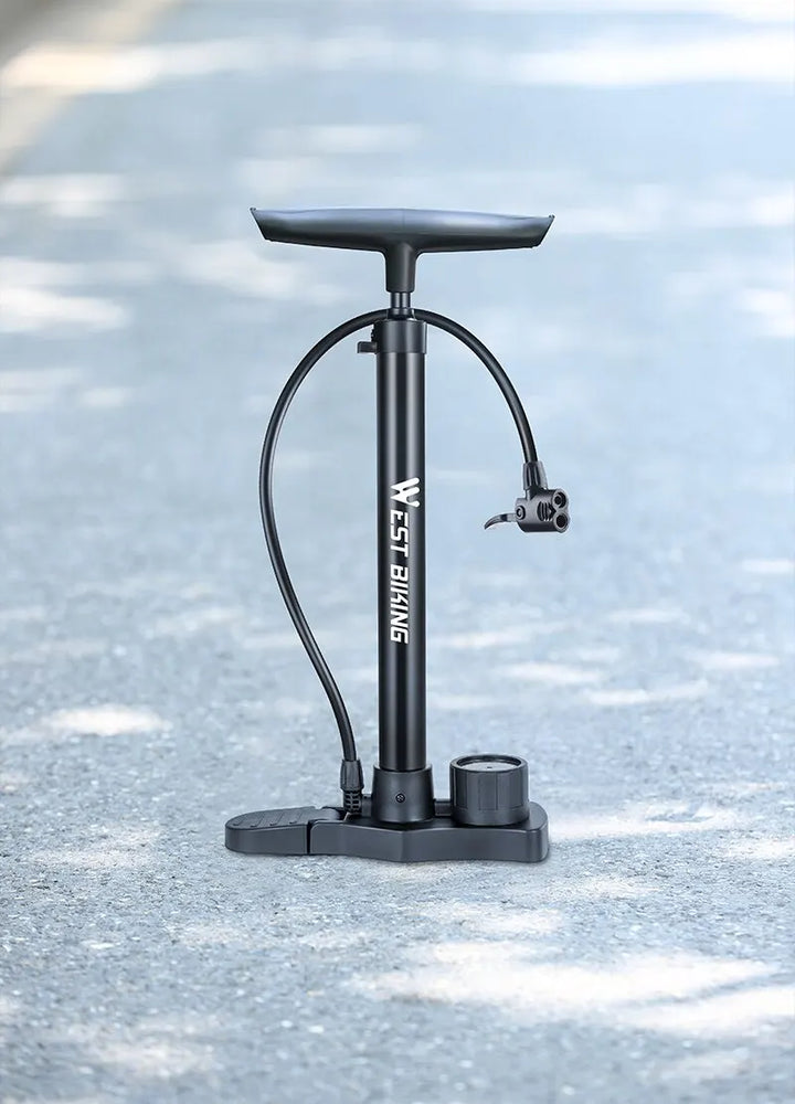 "Stainless steel bicycle pump with built-in pressure gauge and handle, suitable for Schrader and Presta valves."