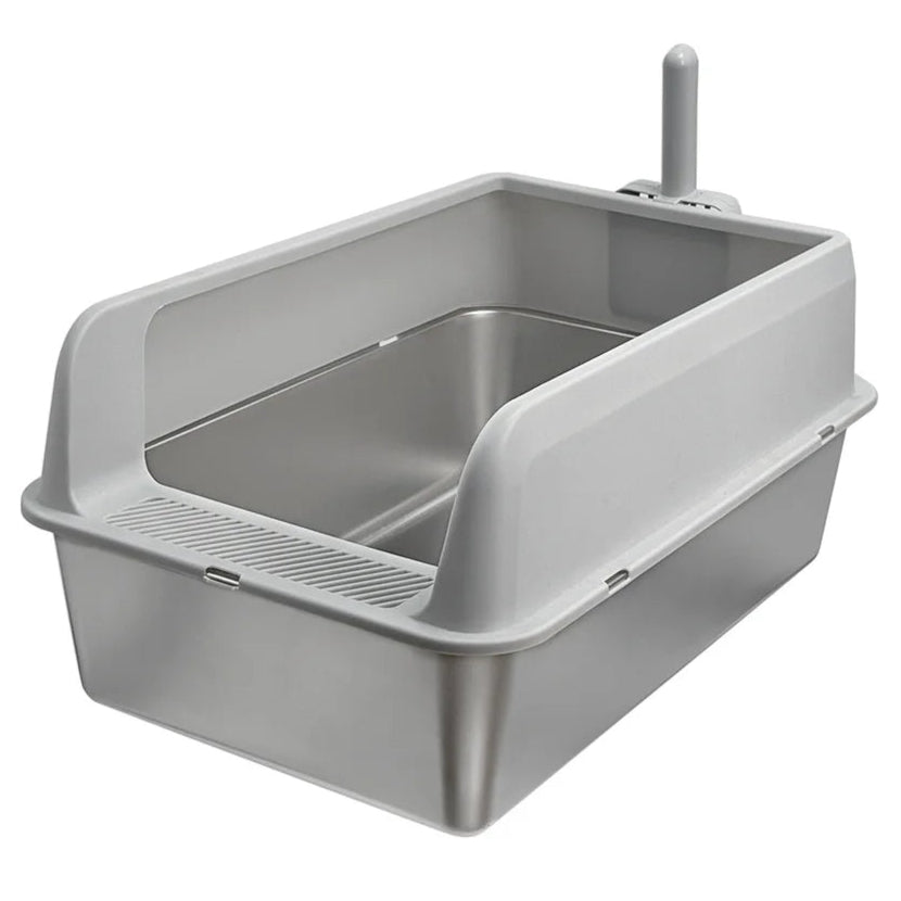 "Stainless steel cat litter box with easy front access and tall sides, ideal for hygienic pet spaces and easy maintenance."
