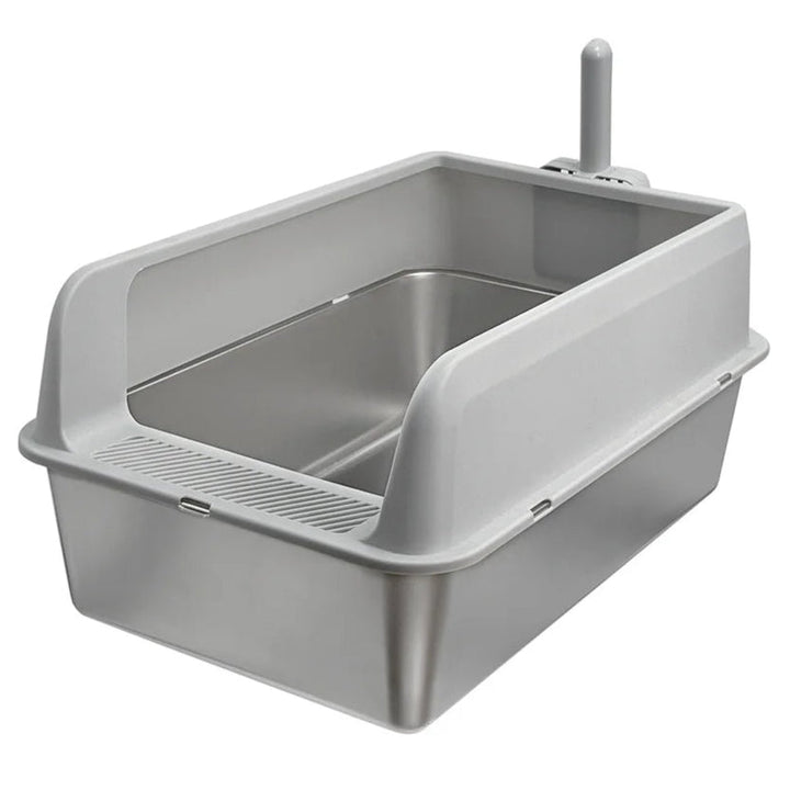 "Stainless steel cat litter box with easy front access and tall sides, ideal for hygienic pet spaces and easy maintenance."