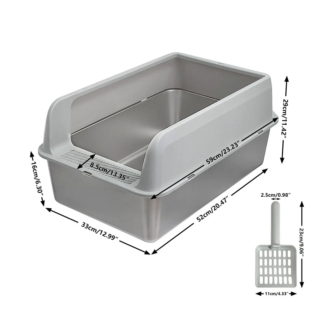 "Stainless steel cat litter box with easy front access and tall sides, ideal for hygienic pet spaces and easy maintenance."