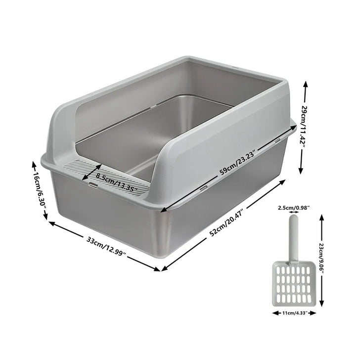"Stainless steel cat litter box with easy front access and tall sides, ideal for hygienic pet spaces and easy maintenance."