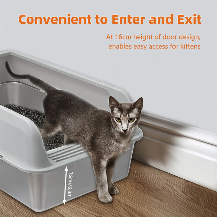 "Stainless steel cat litter box with easy front access and tall sides, ideal for hygienic pet spaces and easy maintenance."