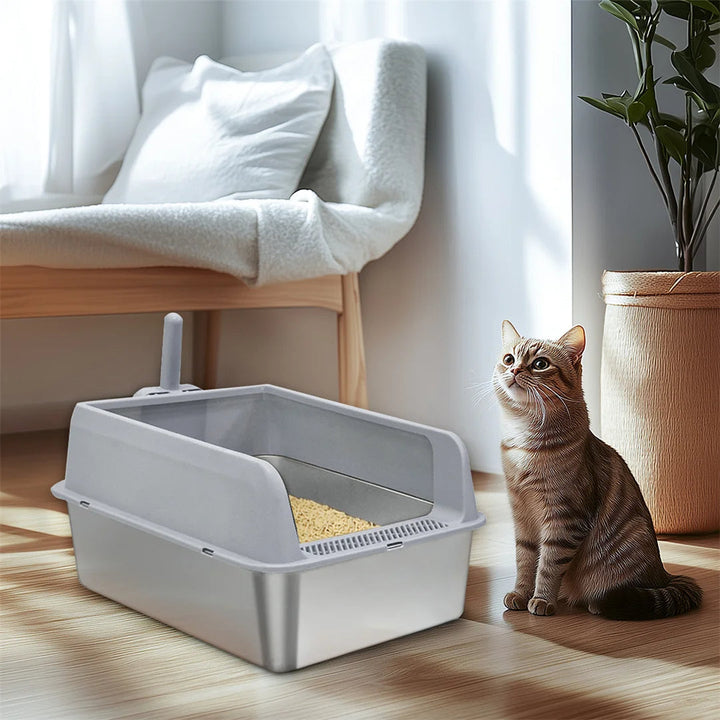 "Stainless steel cat litter box with easy front access and tall sides, ideal for hygienic pet spaces and easy maintenance."