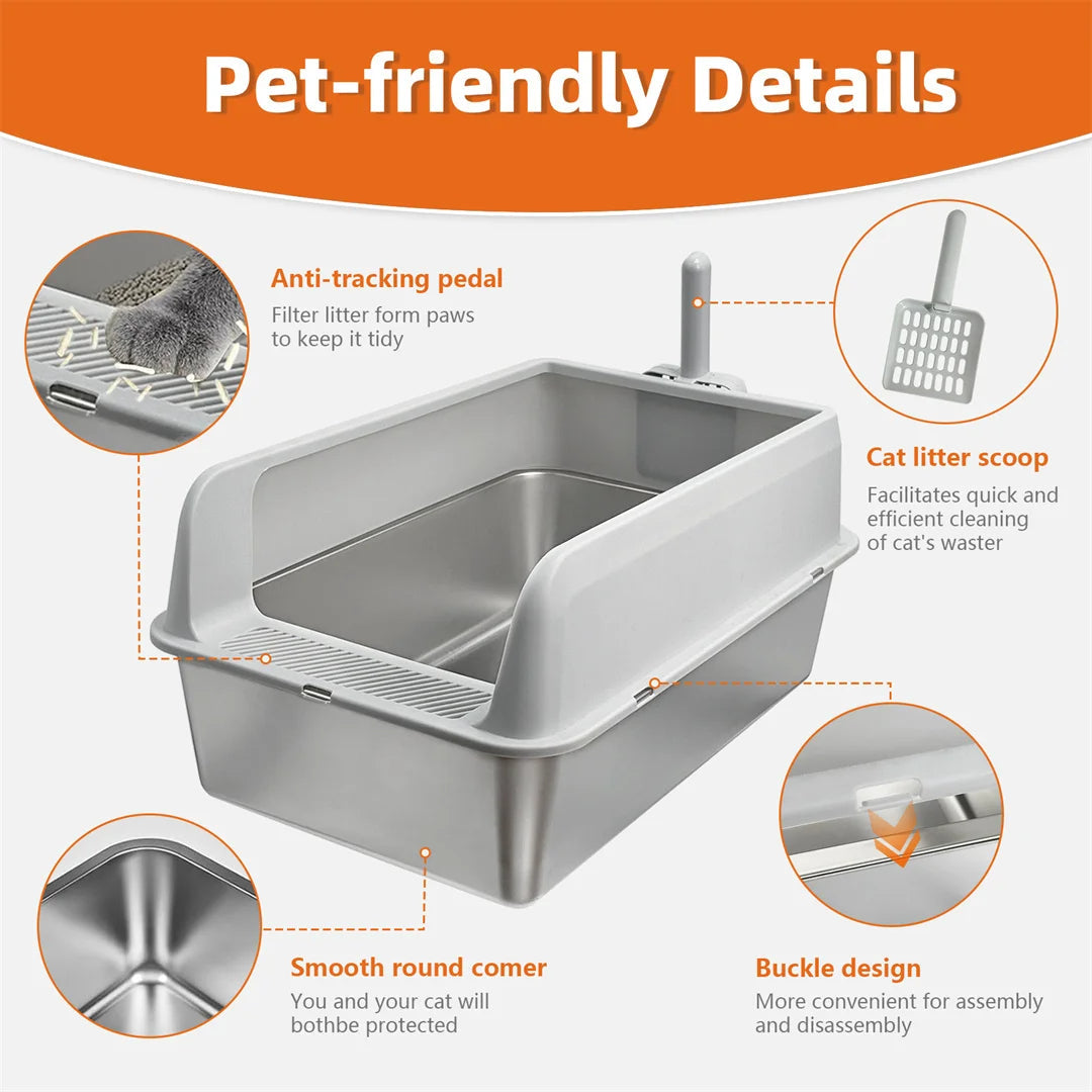 "Stainless steel cat litter box with easy front access and tall sides, ideal for hygienic pet spaces and easy maintenance."