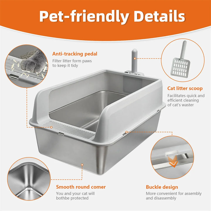 "Stainless steel cat litter box with easy front access and tall sides, ideal for hygienic pet spaces and easy maintenance."