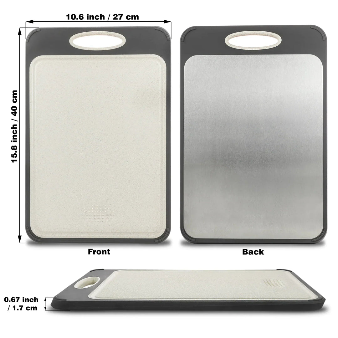 Stainless steel cutting board with a smooth finish and non-slip ergonomic handle, ideal for precise and hygienic kitchen prep