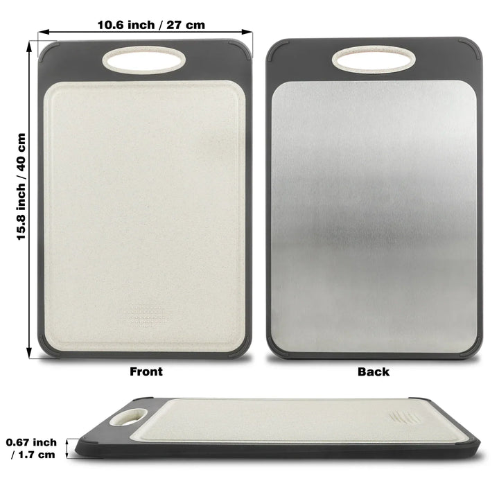 Stainless steel cutting board with a smooth finish and non-slip ergonomic handle, ideal for precise and hygienic kitchen prep
