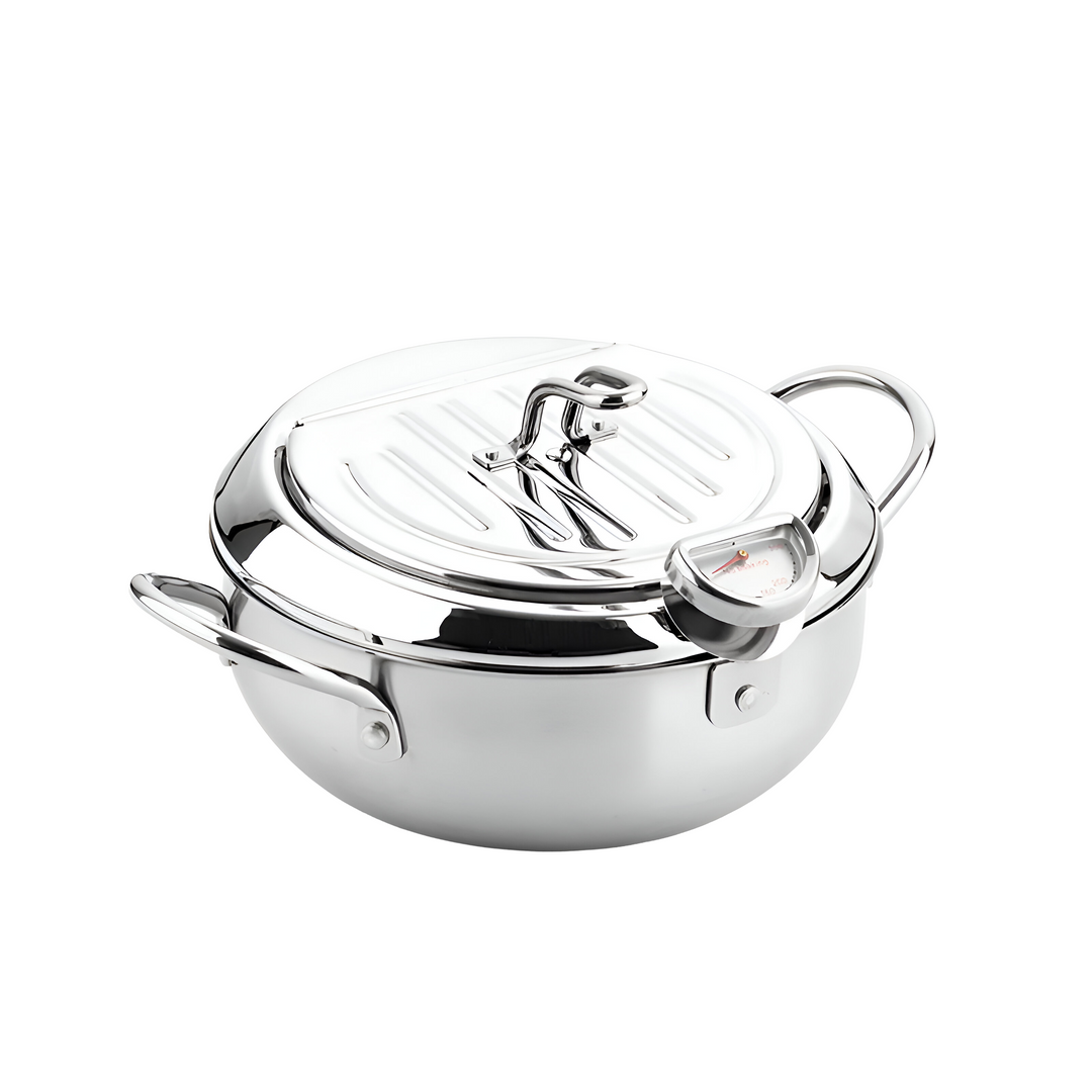 "Stainless steel deep fryer pot with thermometer, silver, heat-resistant handles, and oil drainer rack for safe frying."