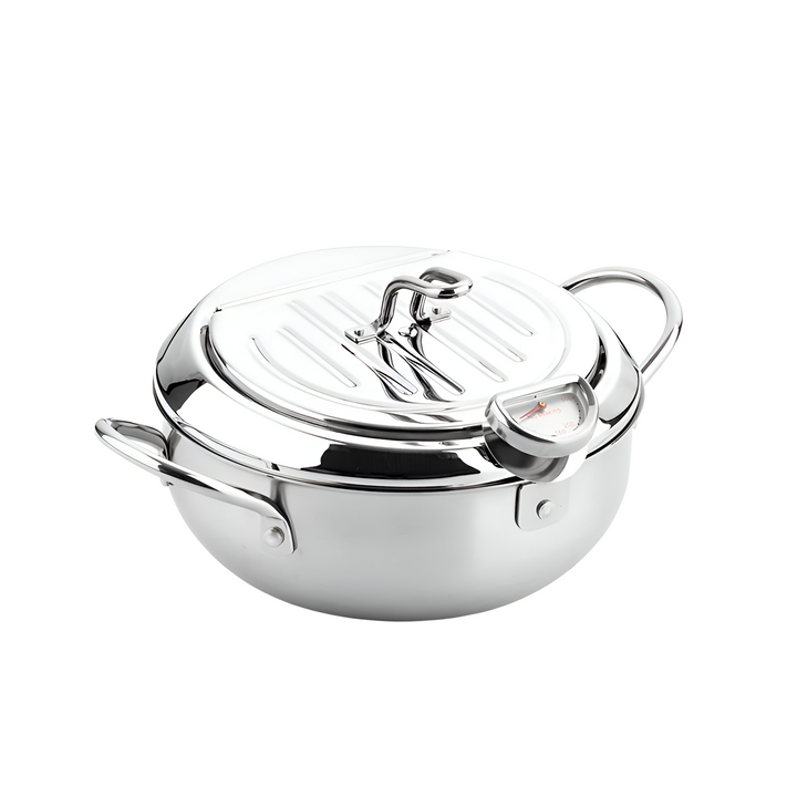"Stainless steel deep fryer pot with thermometer, silver, heat-resistant handles, and oil drainer rack for safe frying."