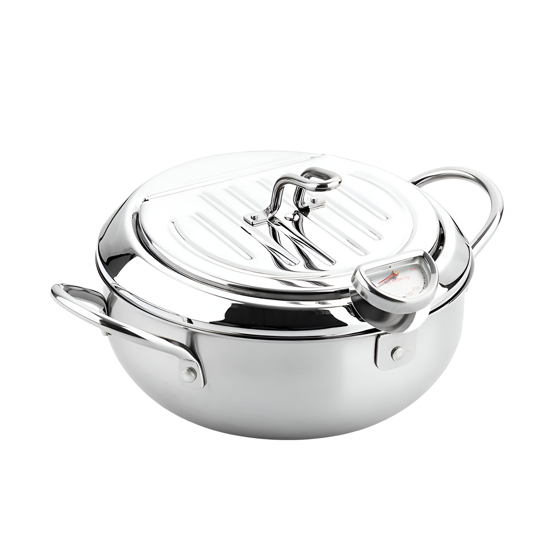 "Stainless steel deep fryer pot with thermometer, silver, heat-resistant handles, and oil drainer rack for safe frying."