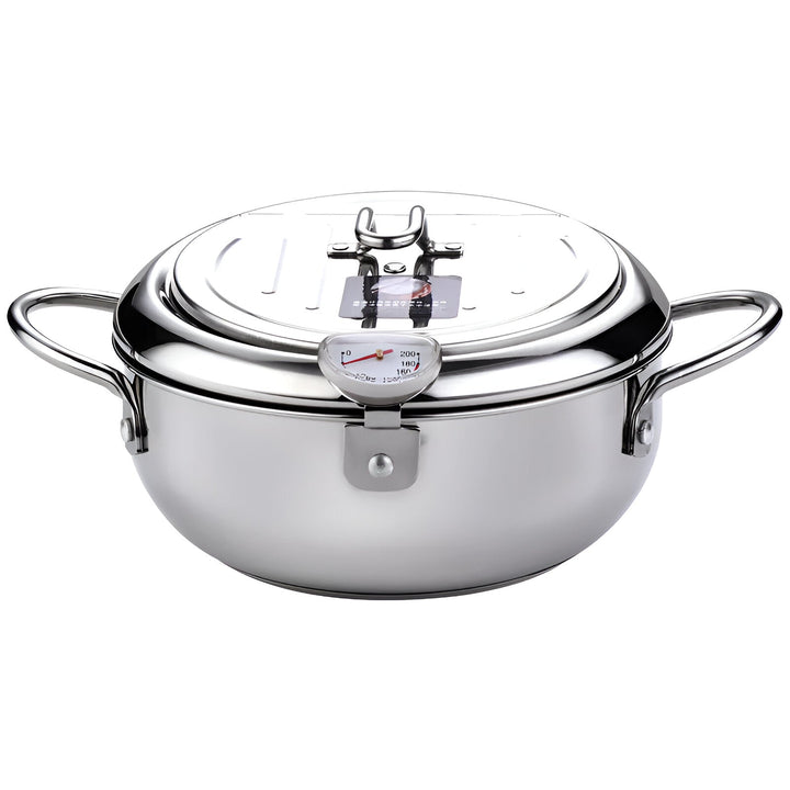 "Stainless steel deep fryer pot with thermometer, silver, heat-resistant handles, and oil drainer rack for safe frying."