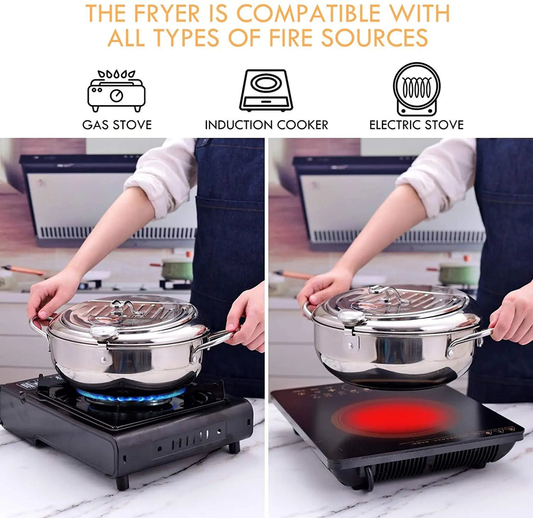 "Stainless steel deep fryer pot with thermometer, silver, heat-resistant handles, and oil drainer rack for safe frying."
